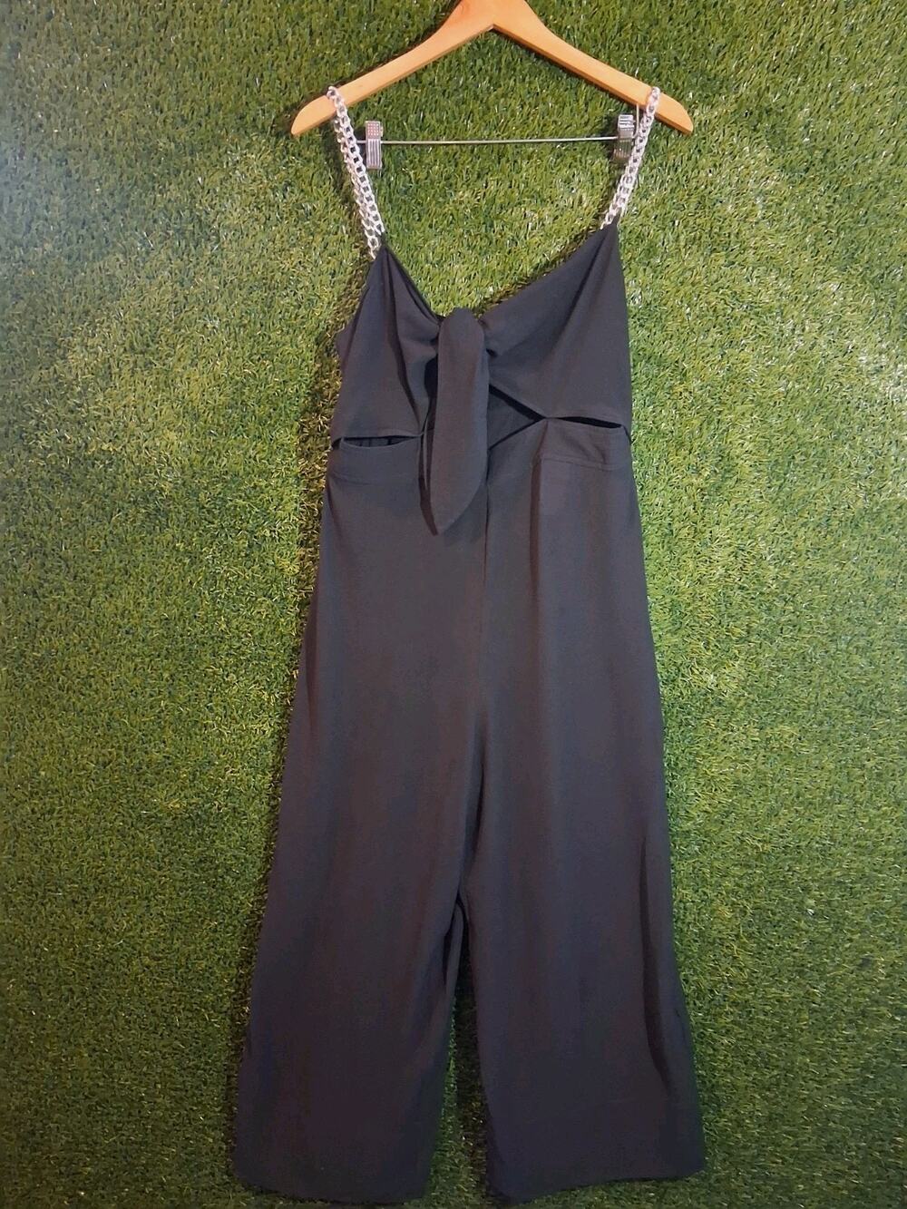 Michael Kors Women's Black Knot Front Wide Leg Jumpsuit Silver Chain Strap Size